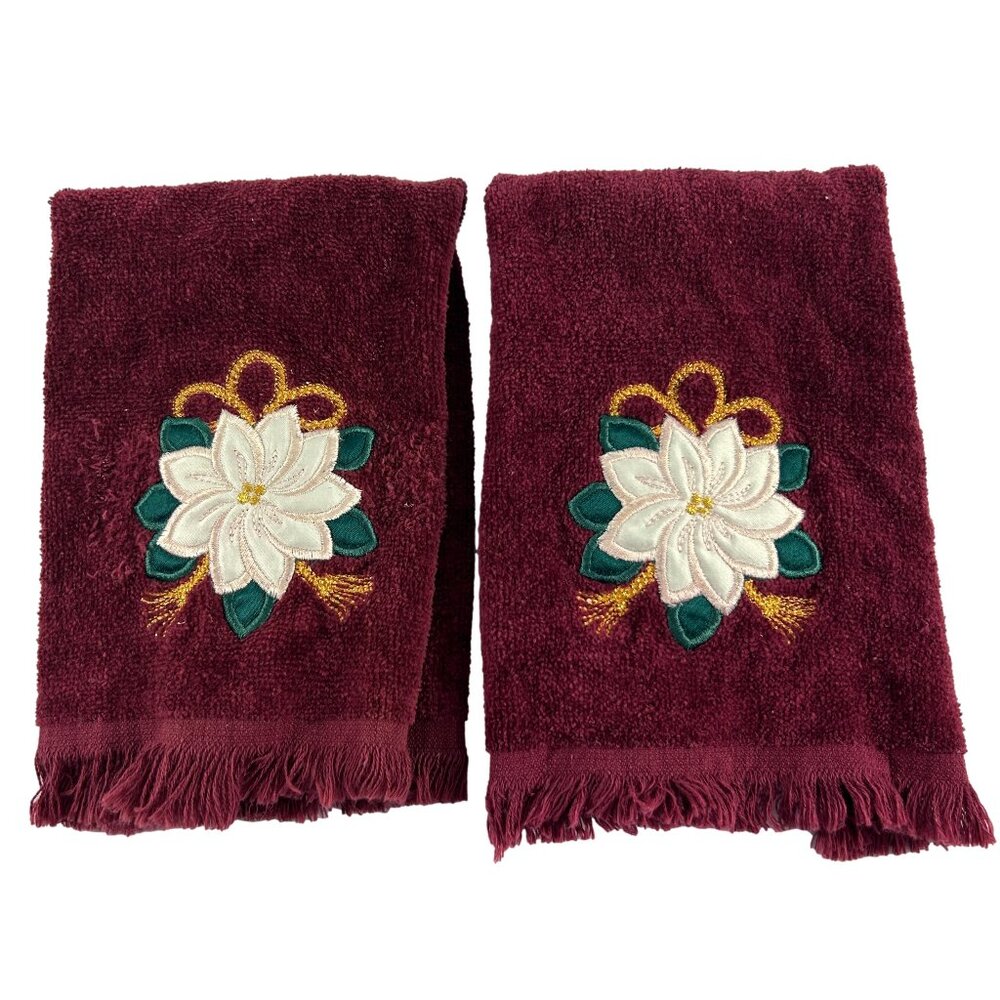 Vintage Christmas Holiday Hand Towels Embroidered Maroon Red Green Floral Fringe